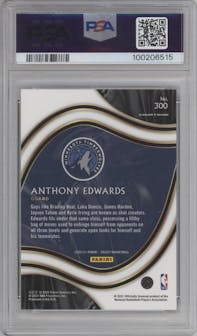 Anthony Edwards from the 2020-21 Panini Select  set featuring a Blue Retail parallel graded by PSA and given an overall grade of 10.