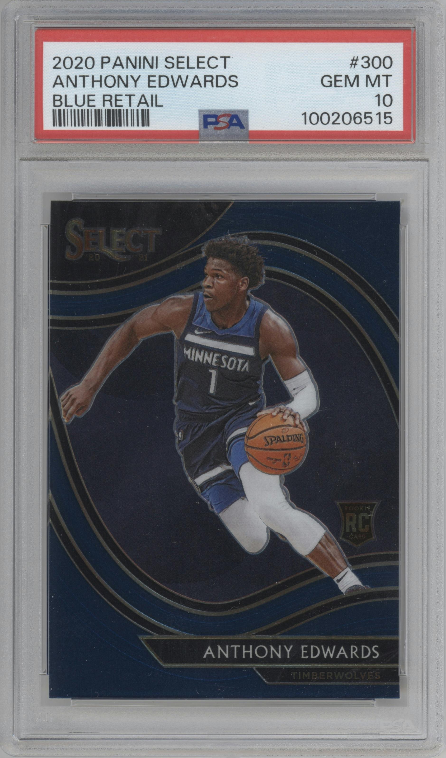 Anthony Edwards from the 2020-21 Panini Select  set featuring a Blue Retail parallel graded by PSA and given an overall grade of 10.