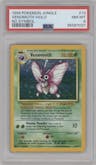 Venomoth from the 1999 Pokemon set featuring a No Symbol parallel graded by PSA and given an overall grade of 8.
