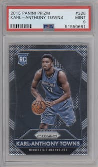 Karl-Anthony Towns from the 2015-16 Panini Prizm  set graded by PSA and given an overall grade of 9.
