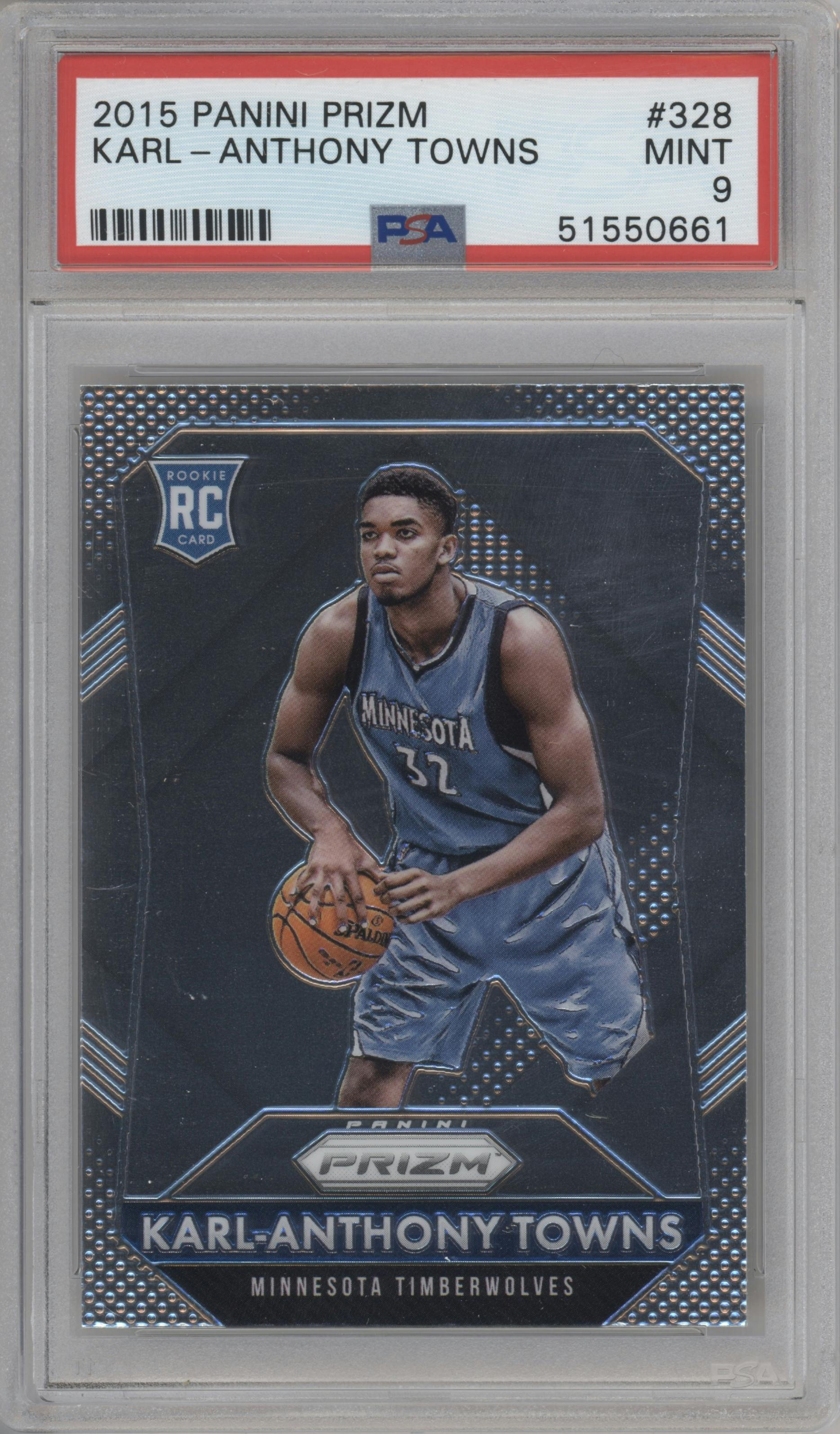 Karl-Anthony Towns from the 2015-16 Panini Prizm  set graded by PSA and given an overall grade of 9.