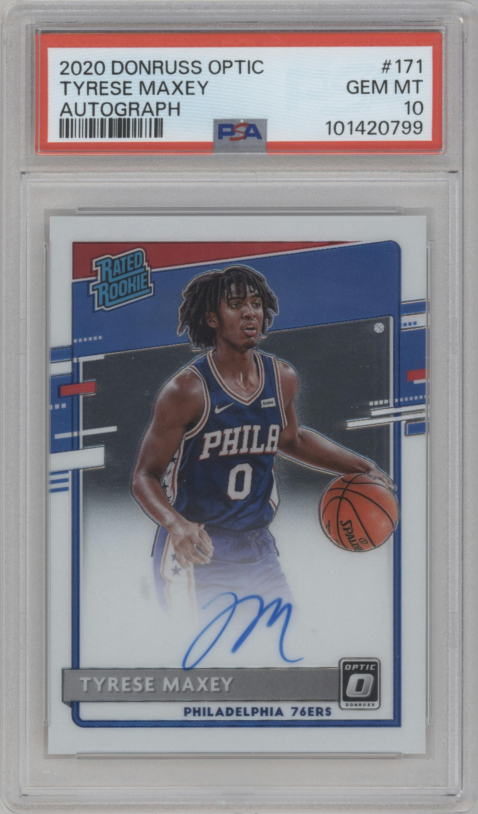 Tyrese Maxey from the 2020-21 Panini Donruss Optic set graded by PSA and given an overall grade of 10.