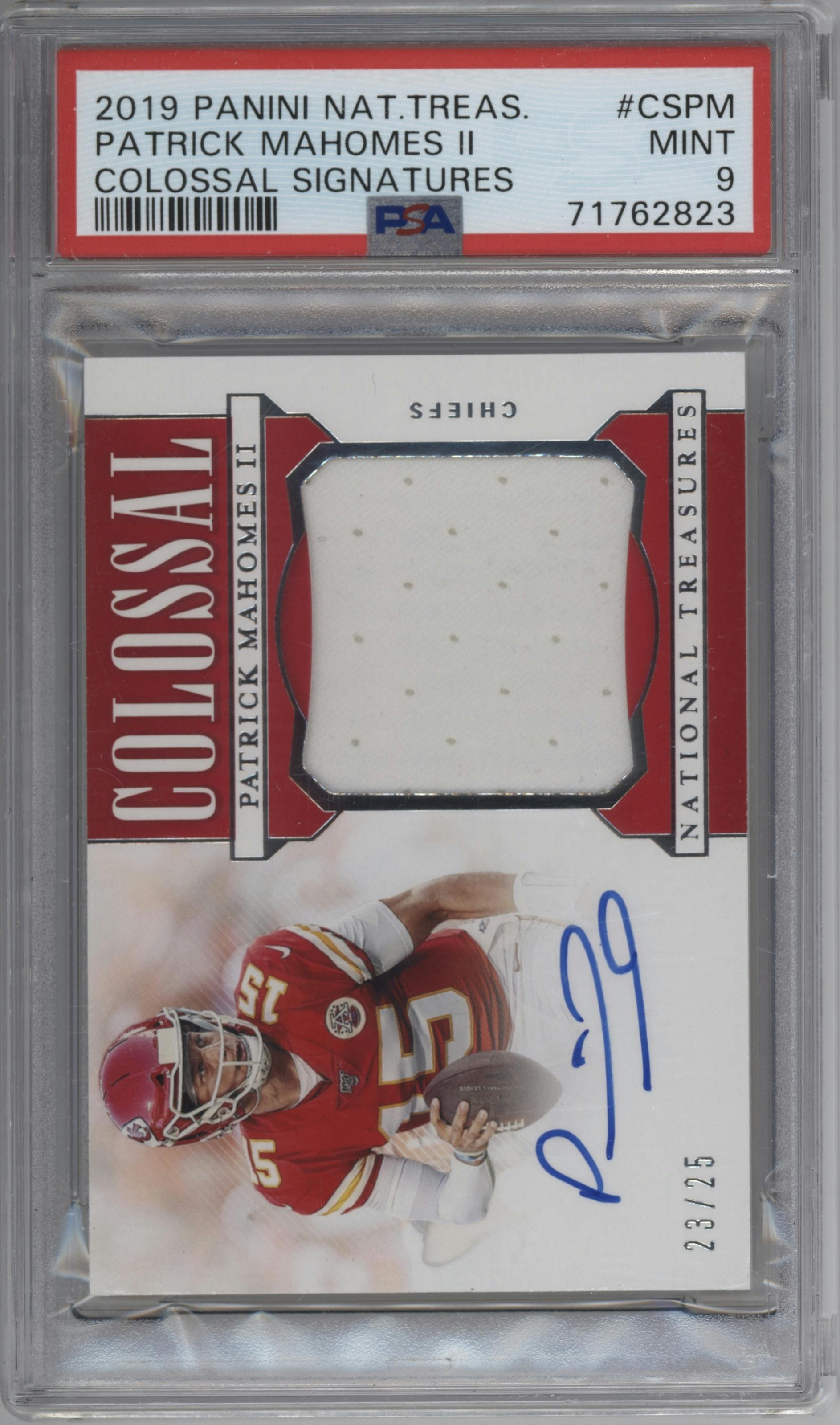 Patrick Mahomes II from the 2019 Panini National Treasures set graded by PSA and given an overall grade of 9.