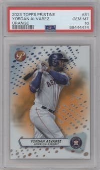 Yordan Alvarez from the 2023 Topps Pristine set featuring a Orange Refractor parallel graded by PSA and given an overall grade of 10.