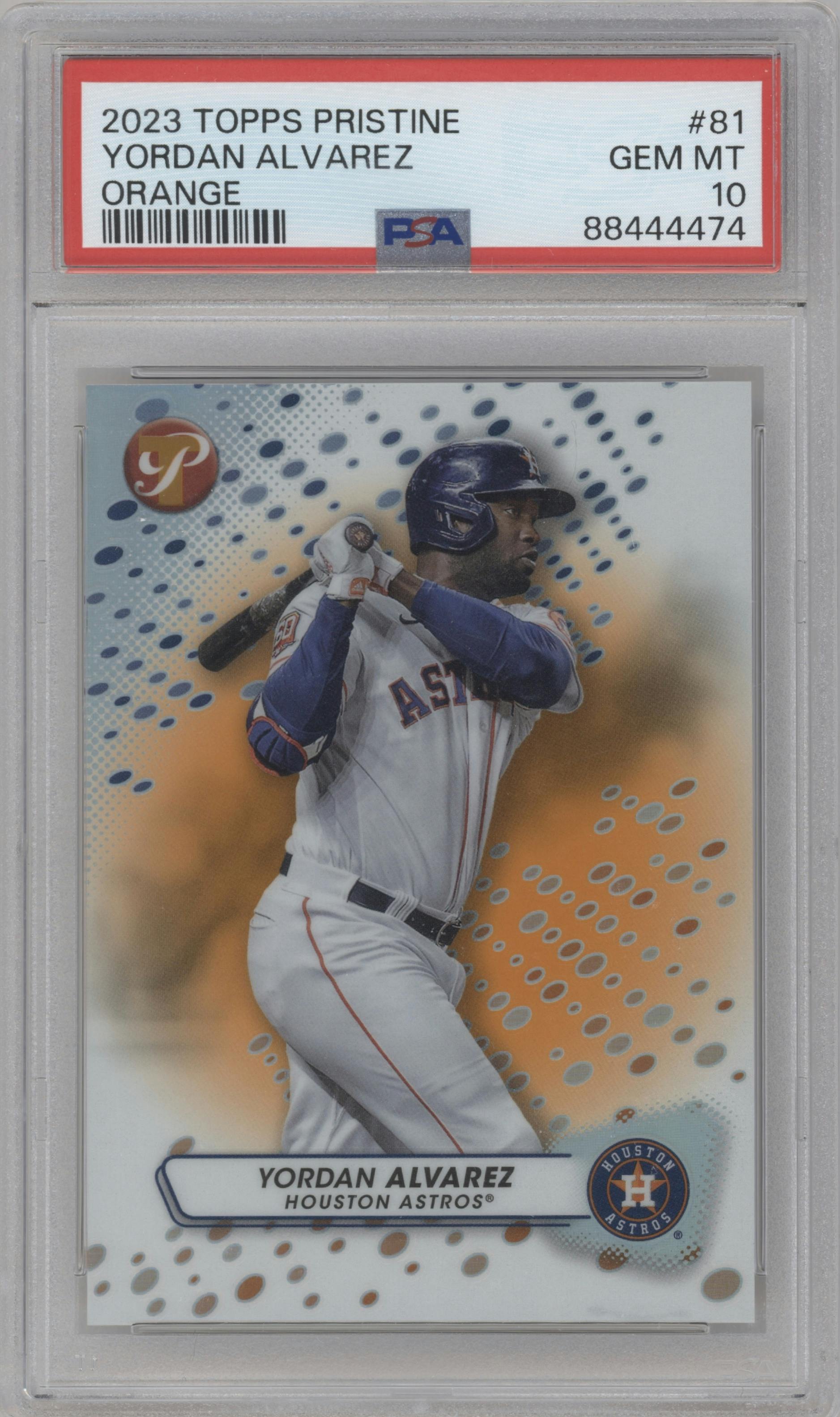 Yordan Alvarez from the 2023 Topps Pristine set featuring a Orange Refractor parallel graded by PSA and given an overall grade of 10.