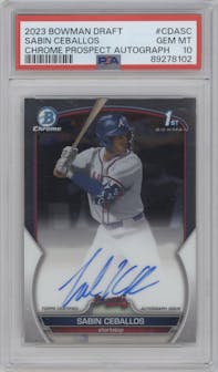 Sabin Ceballos from the 2023 Bowman Draft set graded by PSA and given an overall grade of 10.