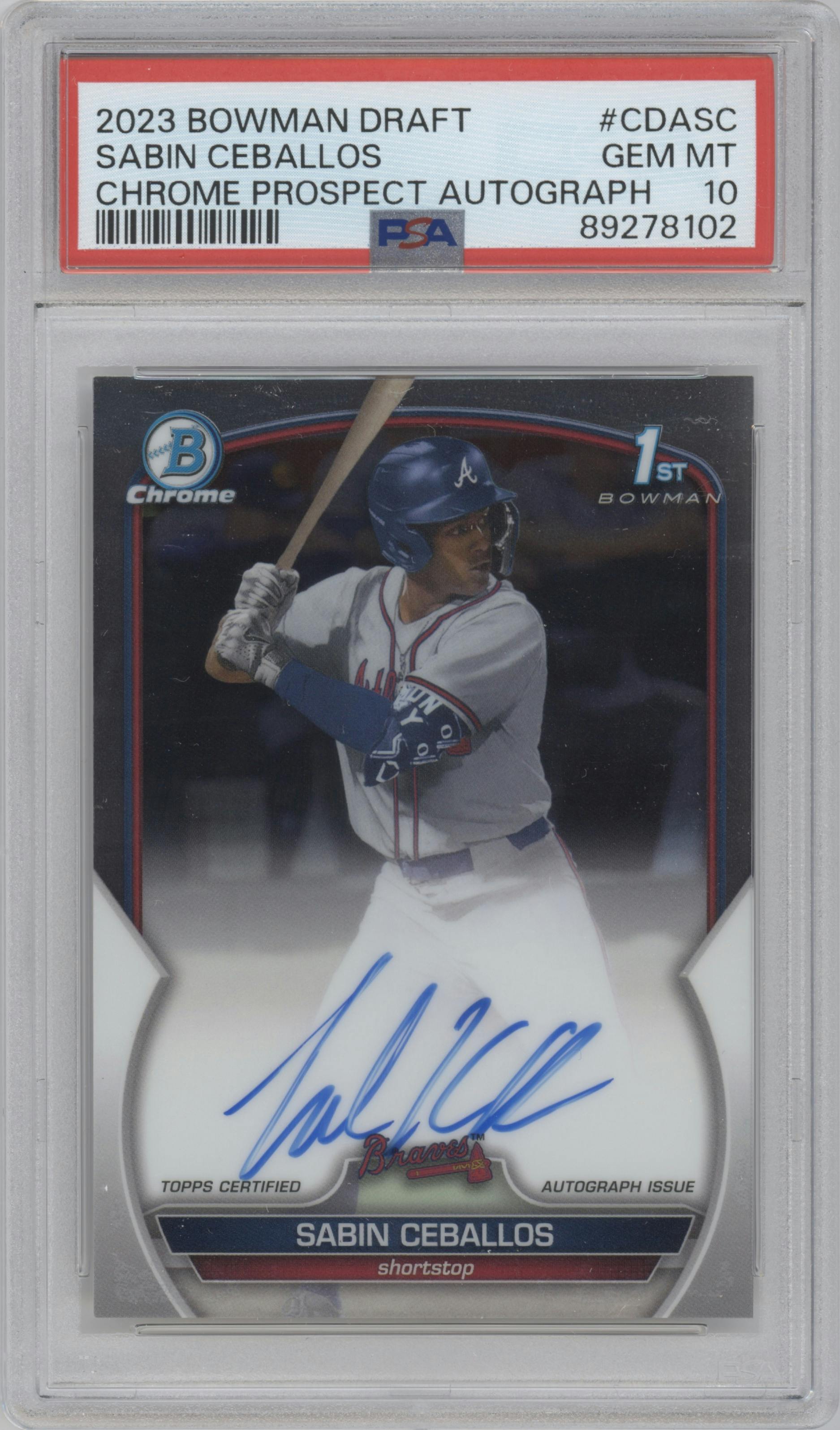 Sabin Ceballos from the 2023 Bowman Draft set graded by PSA and given an overall grade of 10.