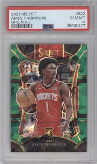 Amen Thompson from the 2023-24 Panini Select  set featuring a Green Ice parallel graded by PSA and given an overall grade of 10.