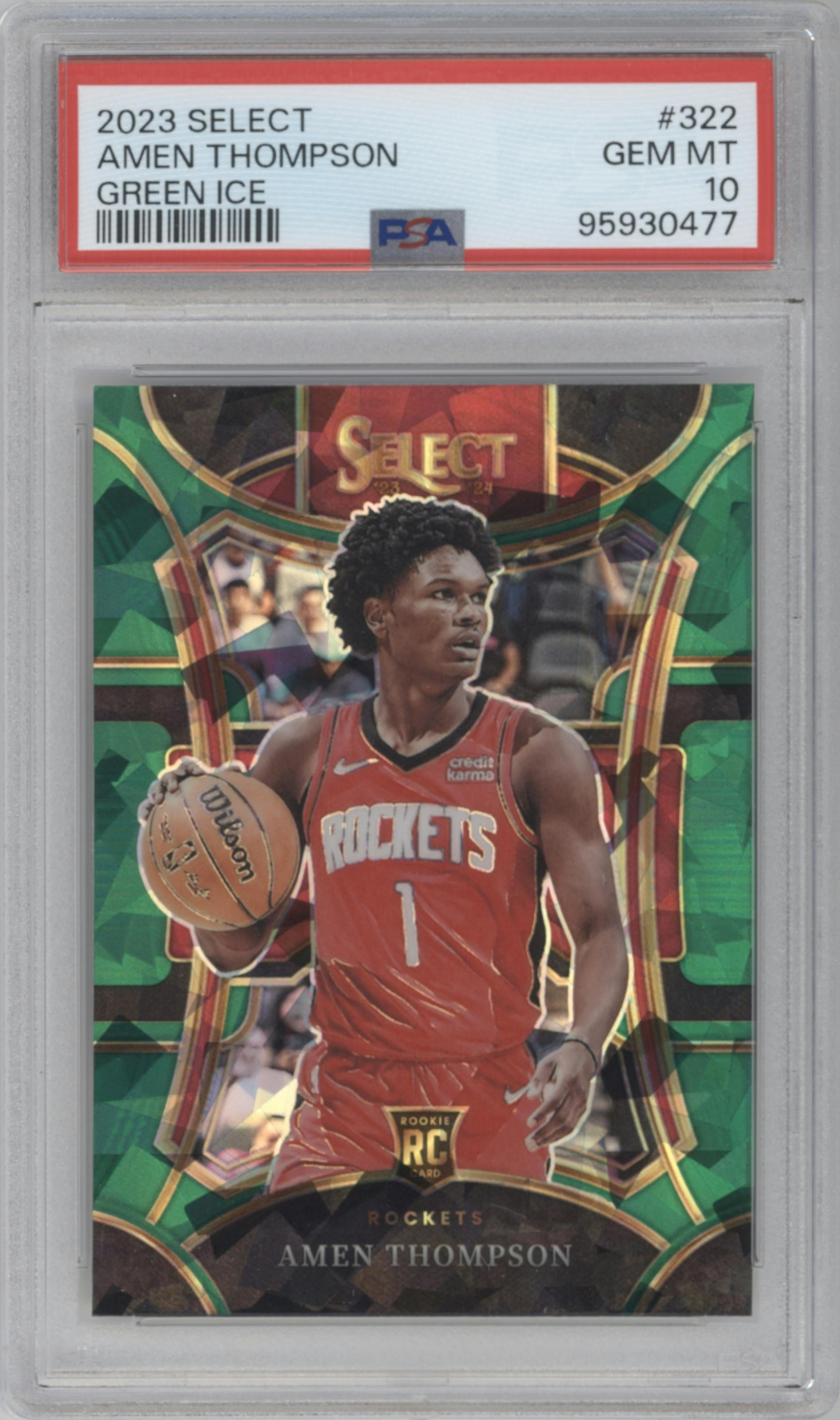 Amen Thompson from the 2023-24 Panini Select  set featuring a Green Ice parallel graded by PSA and given an overall grade of 10.
