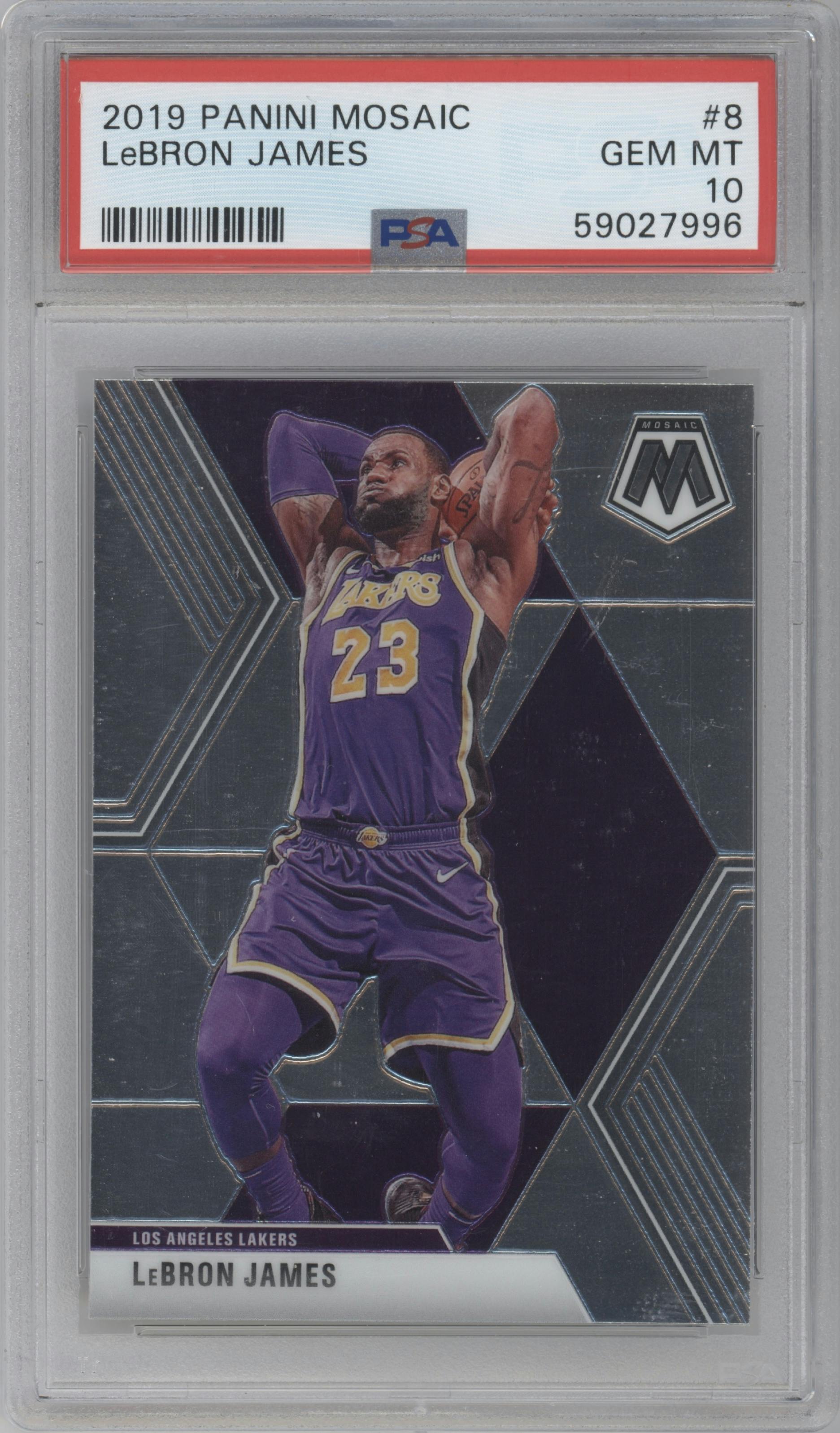 LeBron James from the 2019-20 Panini Mosaic  set graded by PSA and given an overall grade of 10.