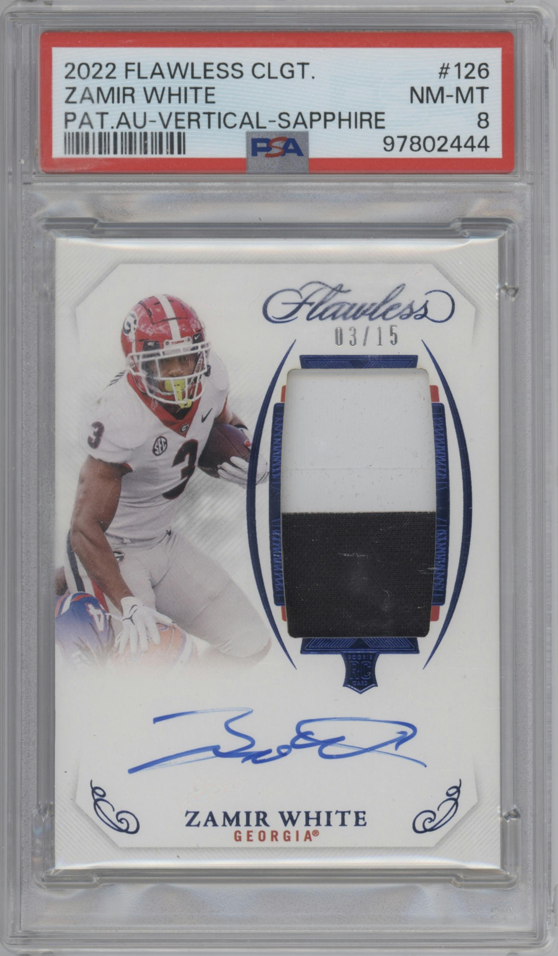 Zamir White from the 2022 Panini Flawless Collegiate set featuring a Sapphire parallel graded by PSA and given an overall grade of 8.