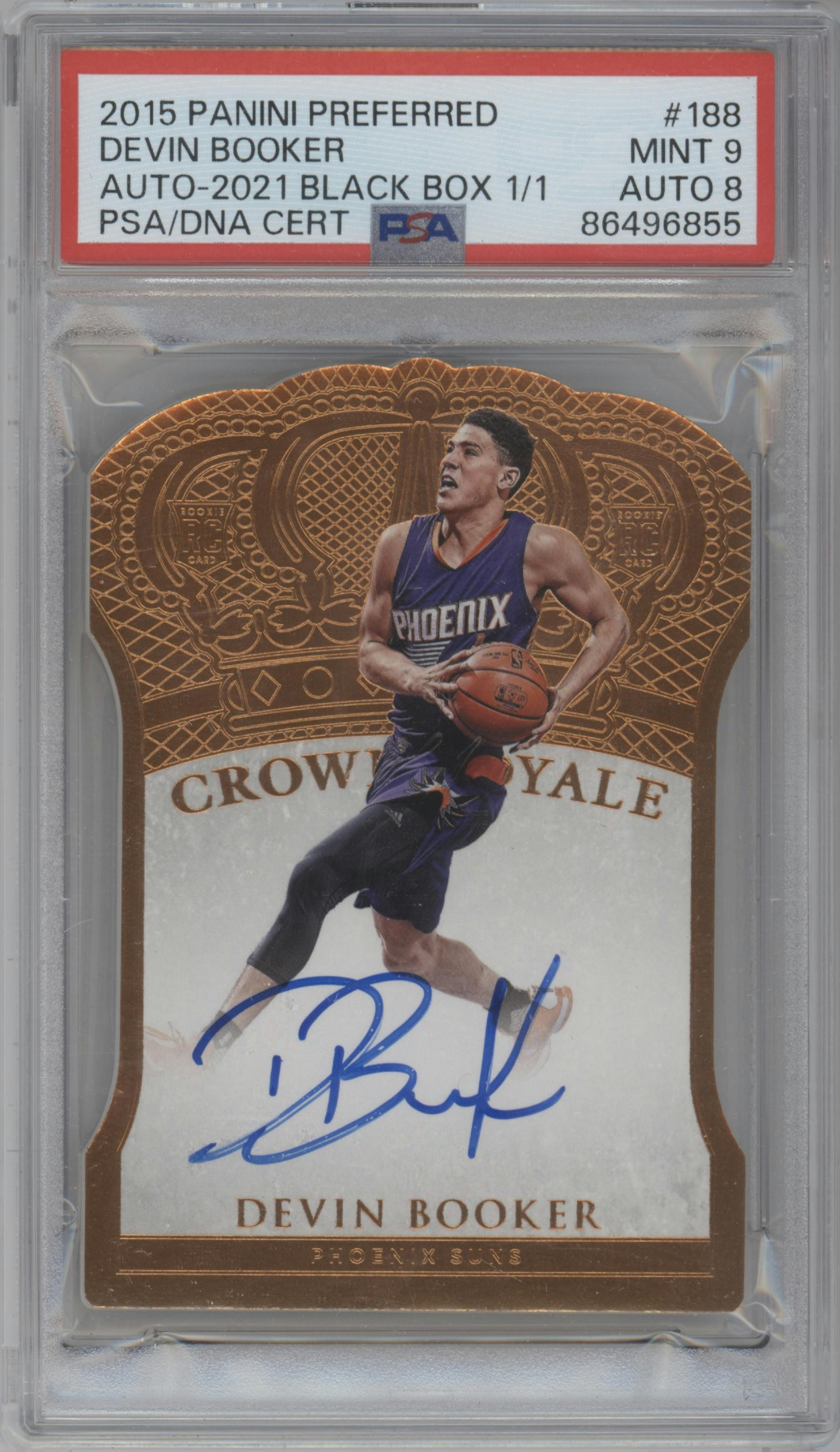 Devin Booker from the 2015-16 Panini Preferred set featuring a Black Box parallel graded by PSA and given an overall grade of 9.