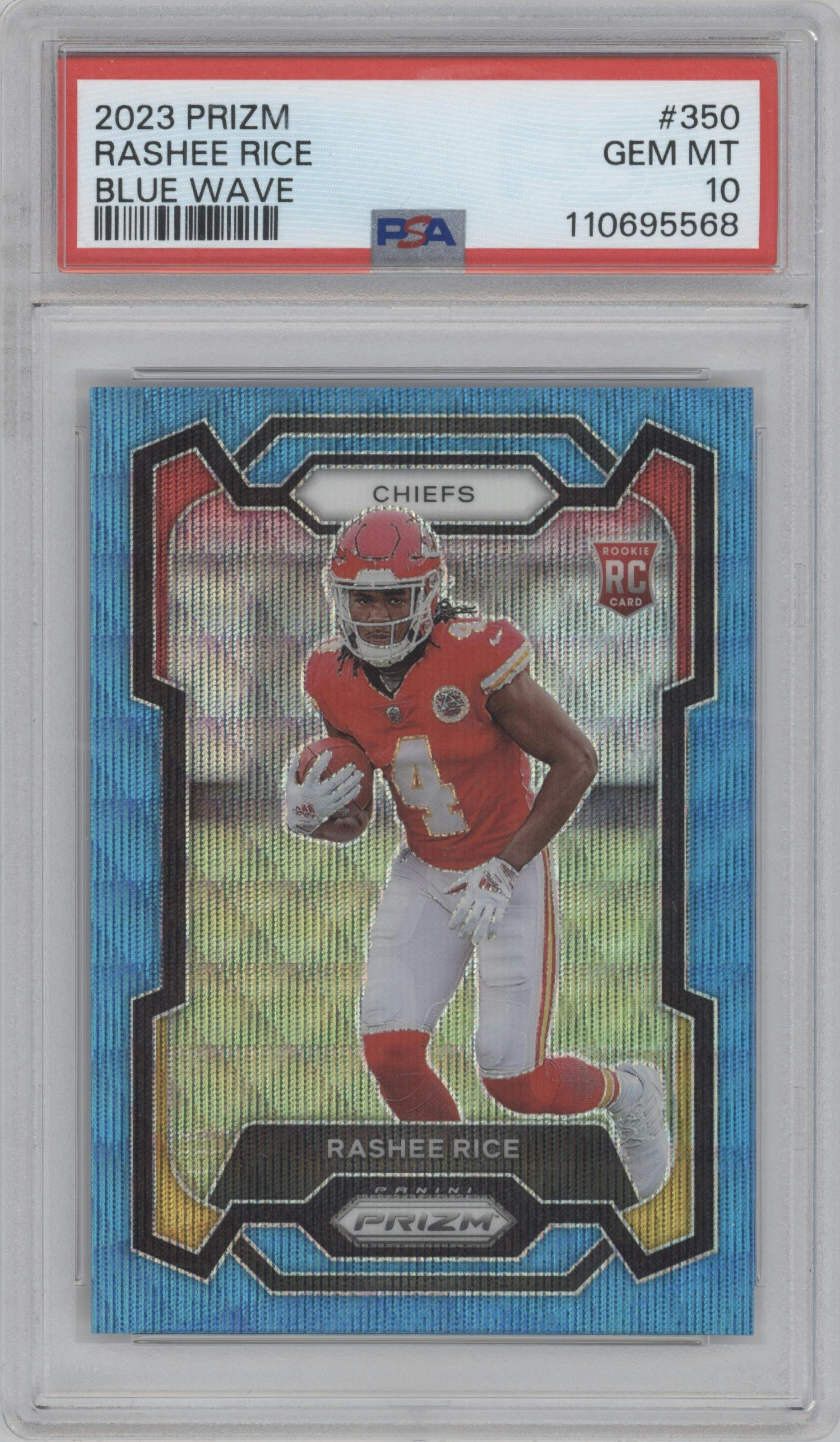 Rashee Rice from the 2023 Panini Prizm set featuring a Blue Wave parallel graded by PSA and given an overall grade of 10.