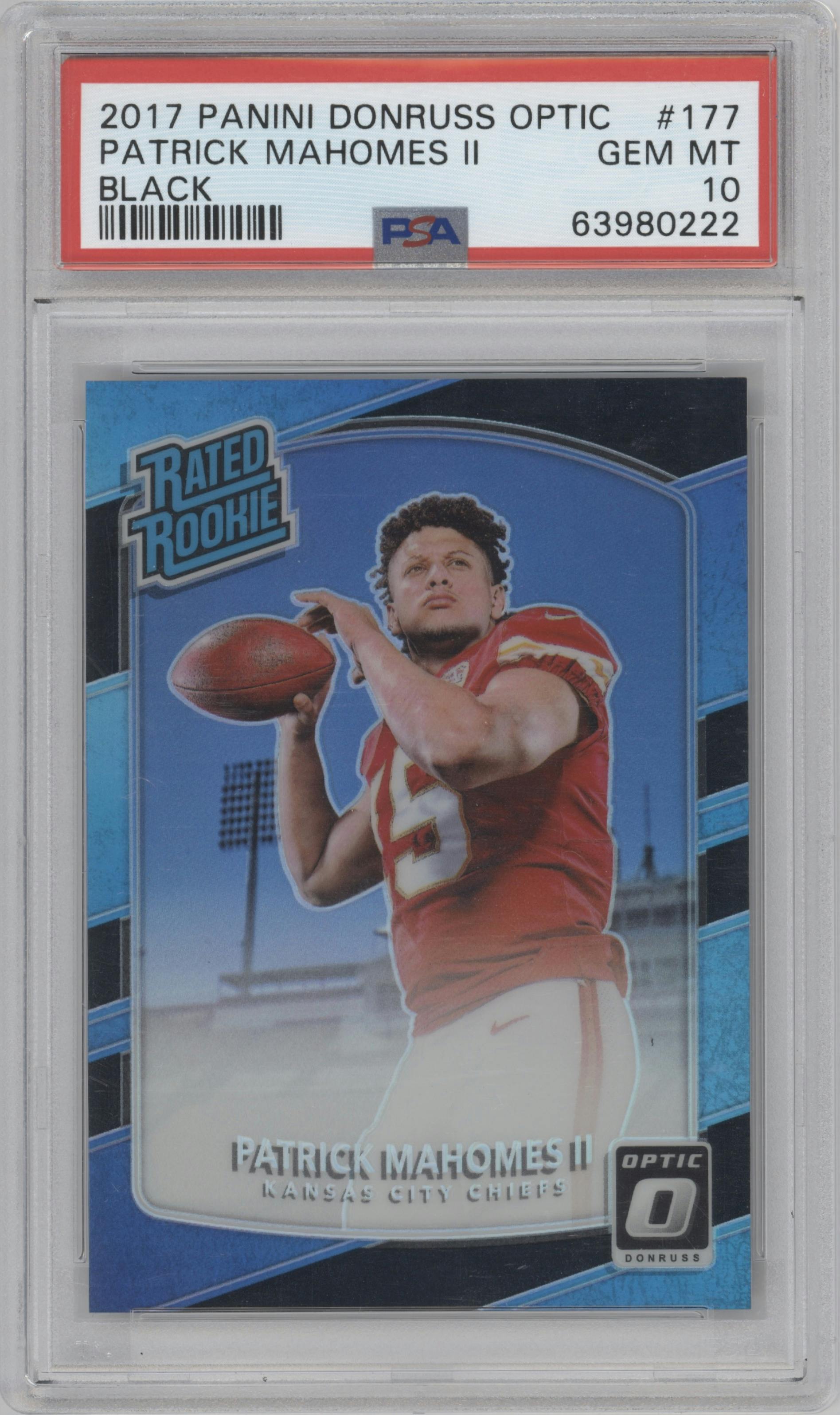 Patrick Mahomes II from the 2017 Panini Donruss Optic set featuring a Black parallel graded by PSA and given an overall grade of 10.