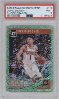 Devin Booker from the 2018-19 Panini Donruss Optic set featuring a Choice Dragon parallel graded by PSA and given an overall grade of 9.