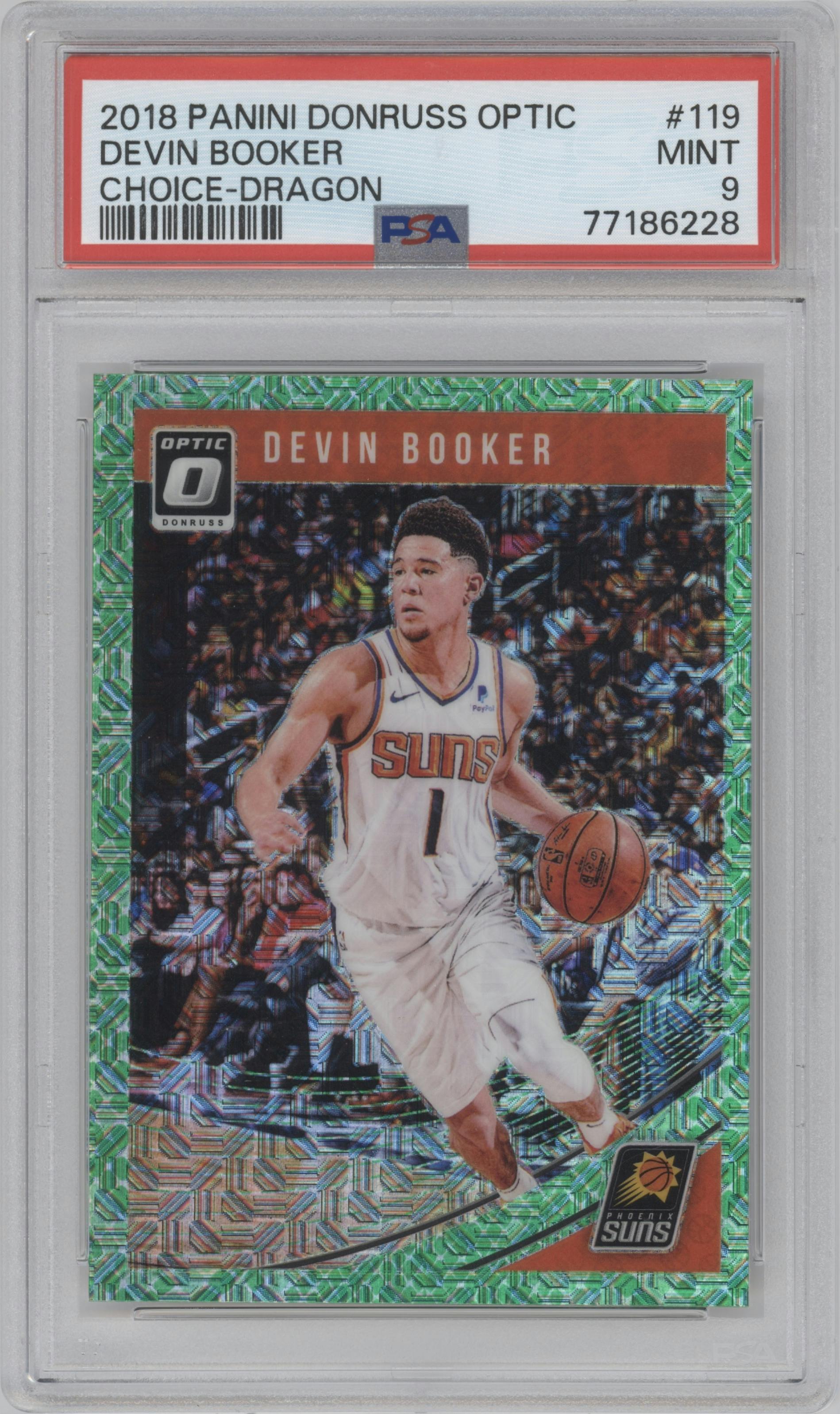 Devin Booker from the 2018-19 Panini Donruss Optic set featuring a Choice Dragon parallel graded by PSA and given an overall grade of 9.