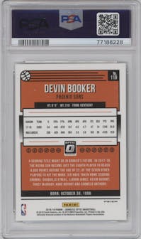 Devin Booker from the 2018-19 Panini Donruss Optic set featuring a Choice Dragon parallel graded by PSA and given an overall grade of 9.