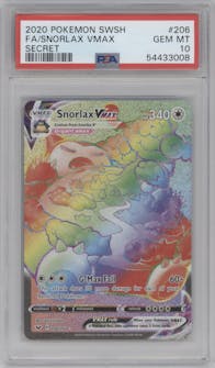 Snorlax VMAX from the 2020 Pokemon SWSH set graded by PSA and given an overall grade of 10.