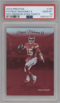 Patrick Mahomes II from the 2024 Panini Prestige  set featuring a Red Premium Xtra Points parallel graded by PSA and given an overall grade of 10.