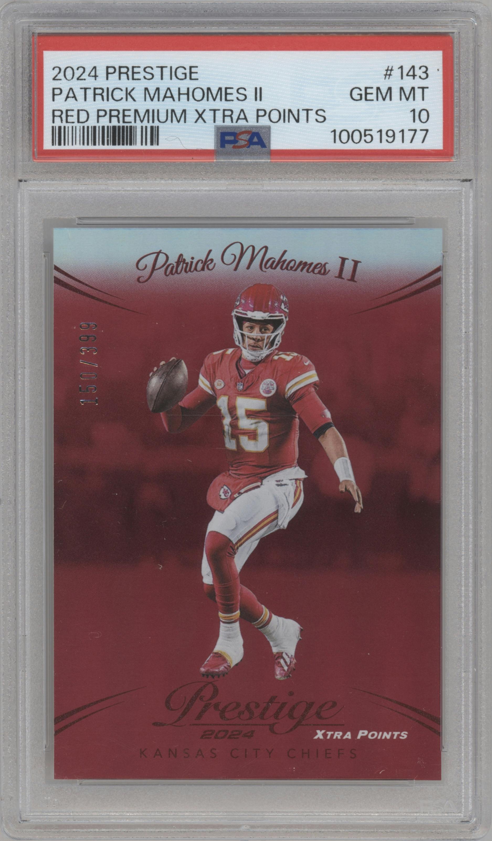 Patrick Mahomes II from the 2024 Panini Prestige  set featuring a Red Premium Xtra Points parallel graded by PSA and given an overall grade of 10.