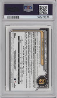 Tyson Neighbors from the 2024 Bowman Draft set featuring a Yellow Refractor parallel graded by PSA and given an overall grade of 10.