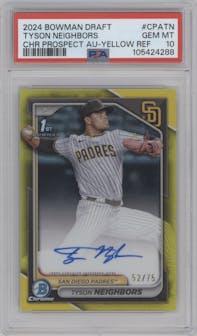 Tyson Neighbors from the 2024 Bowman Draft set featuring a Yellow Refractor parallel graded by PSA and given an overall grade of 10.
