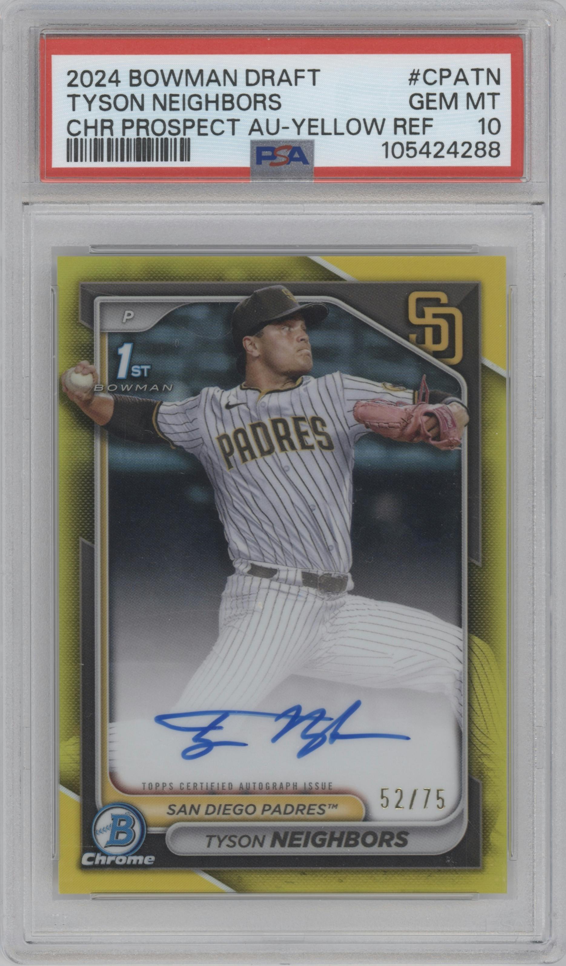 Tyson Neighbors from the 2024 Bowman Draft set featuring a Yellow Refractor parallel graded by PSA and given an overall grade of 10.