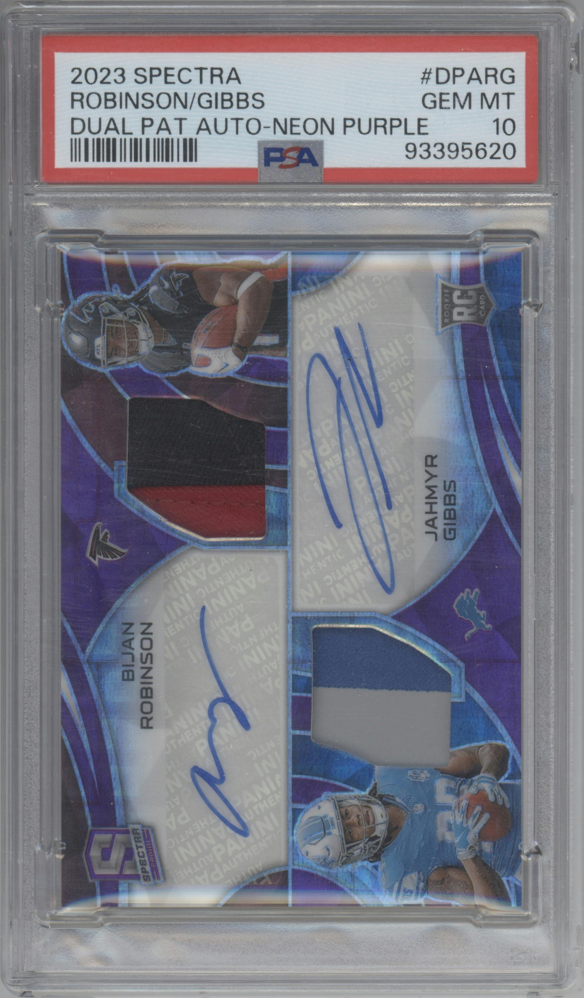 Bijan Robinson/Jahmyr Gibbs from the 2023 Panini Spectra set featuring a Neon Purple parallel graded by PSA and given an overall grade of 10.