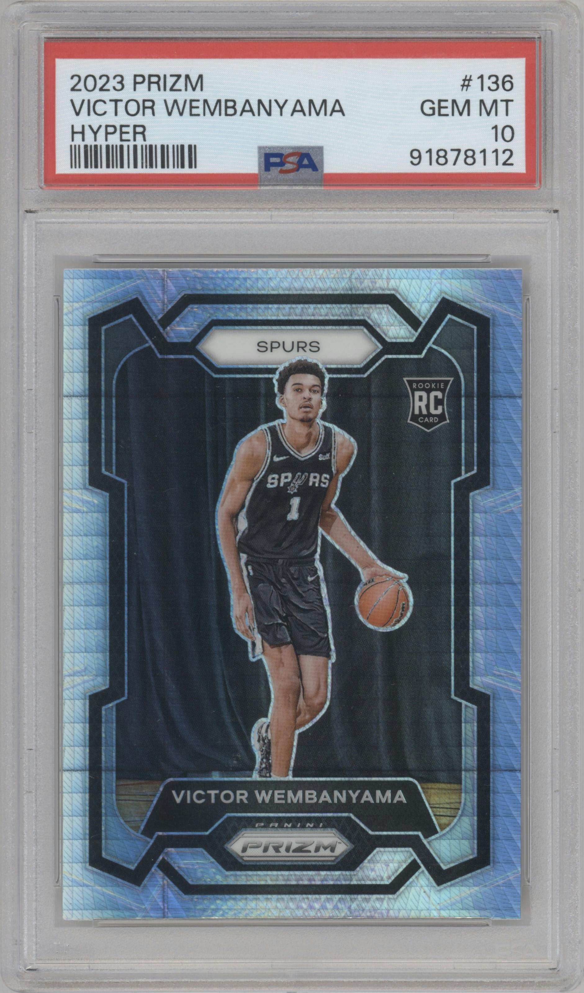 Victor Wembanyama from the 2023-24 Panini Prizm set featuring a Hyper Prizm parallel graded by PSA and given an overall grade of 10.