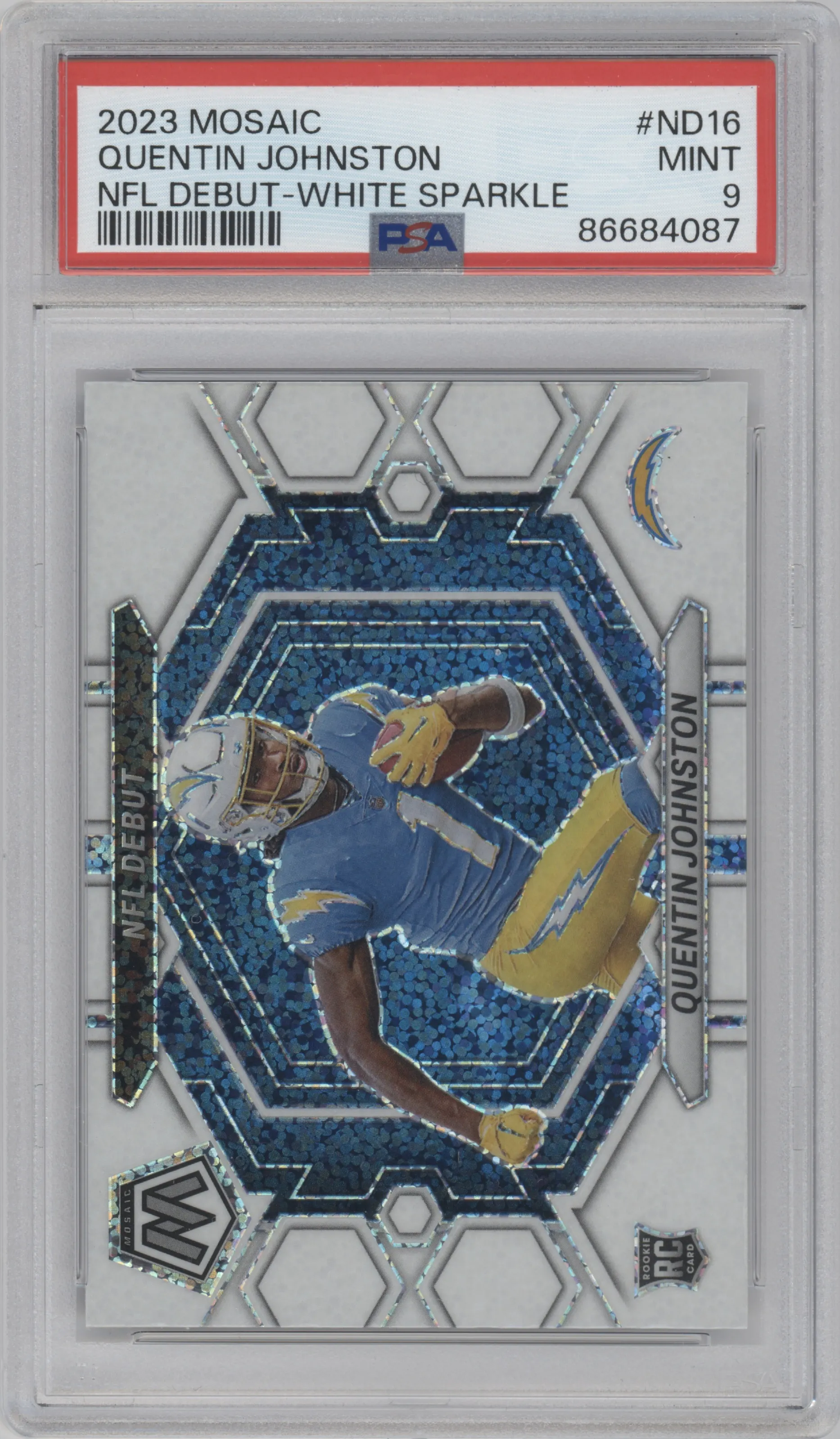 2023 Panini Mosaic NFL Debut Quentin Johnston White Sparkle PSA 9