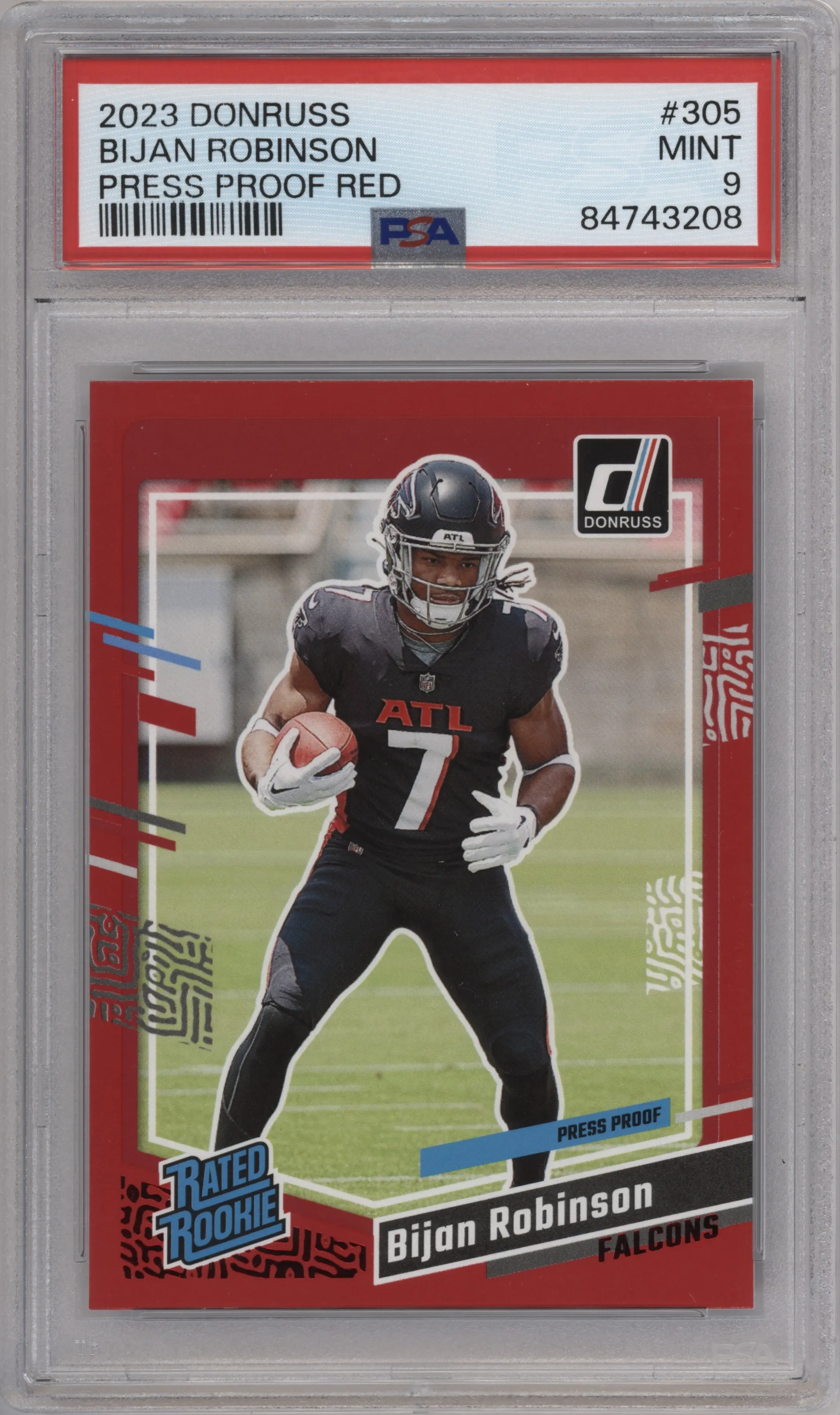 2023 Panini Donruss Rated Rookie Bijan Robinson Press Proof Red #305 PSA 9