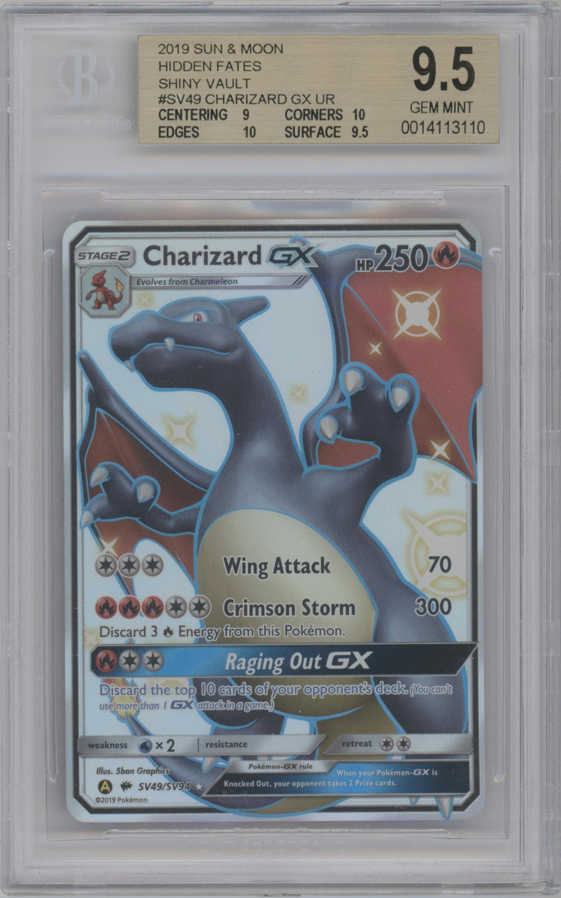 Charizard GX from the 2019 Pokemon S&M  set featuring a Shiny Vault parallel graded by Beckett and given an overall grade of 9.5.