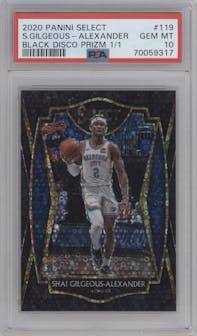 Shai Gilgeous-Alexander from the 2020-21 Panini Select  set featuring a Disco Black  parallel graded by PSA and given an overall grade of 10.