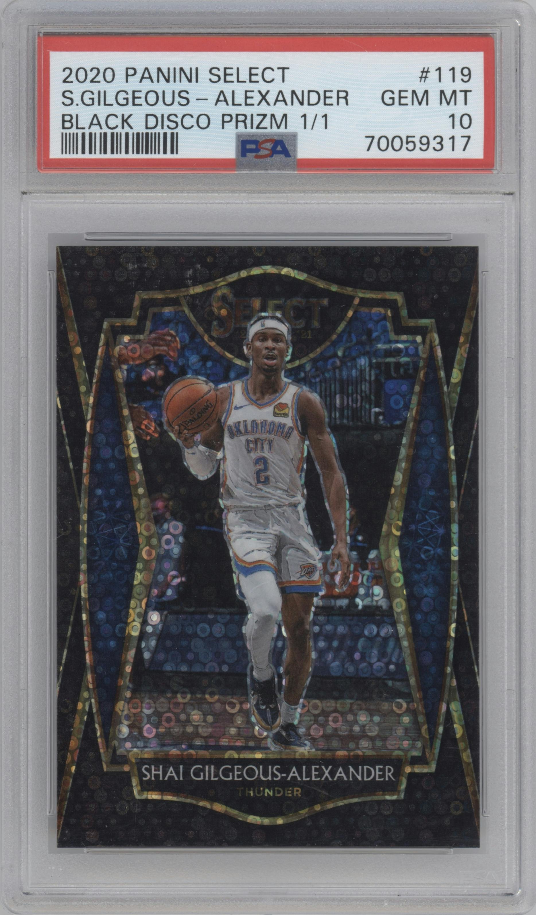 Shai Gilgeous-Alexander from the 2020-21 Panini Select  set featuring a Disco Black  parallel graded by PSA and given an overall grade of 10.