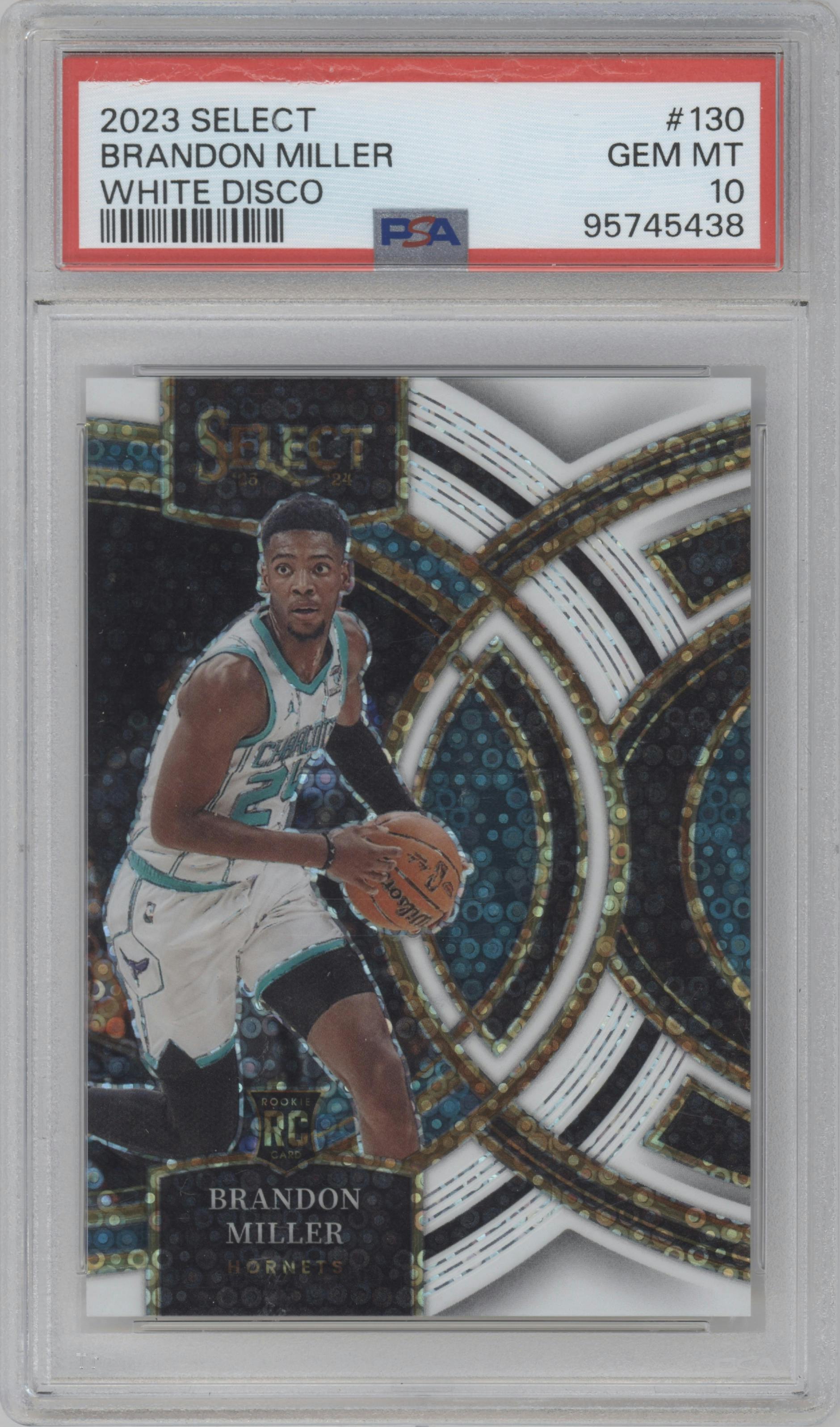 Brandon Miller from the 2023-24 Panini Select  set featuring a White Disco  parallel graded by PSA and given an overall grade of 10.