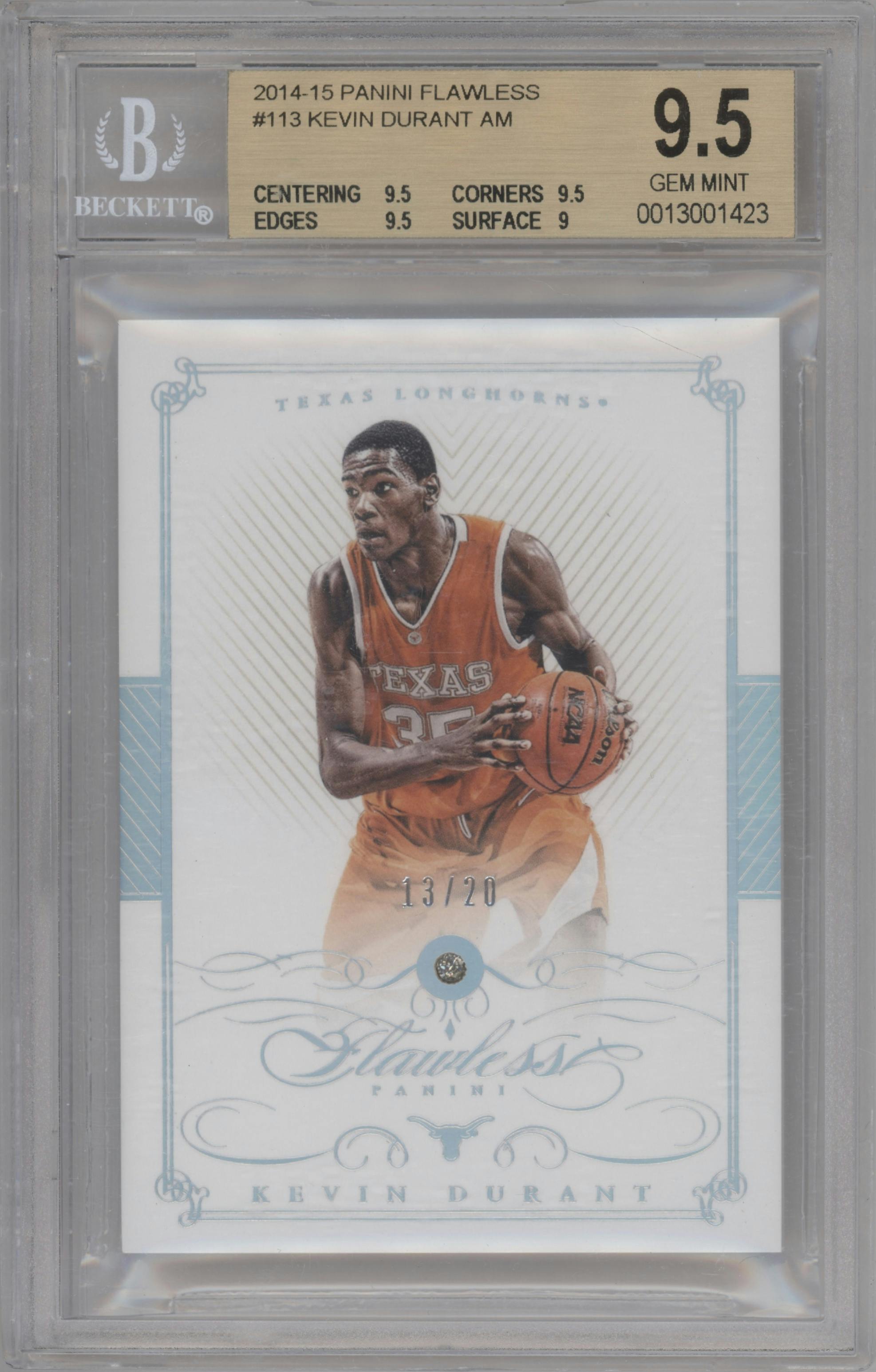 Kevin Durant from the 2014-15 Panini Flawless set graded by Beckett and given an overall grade of 9.5.