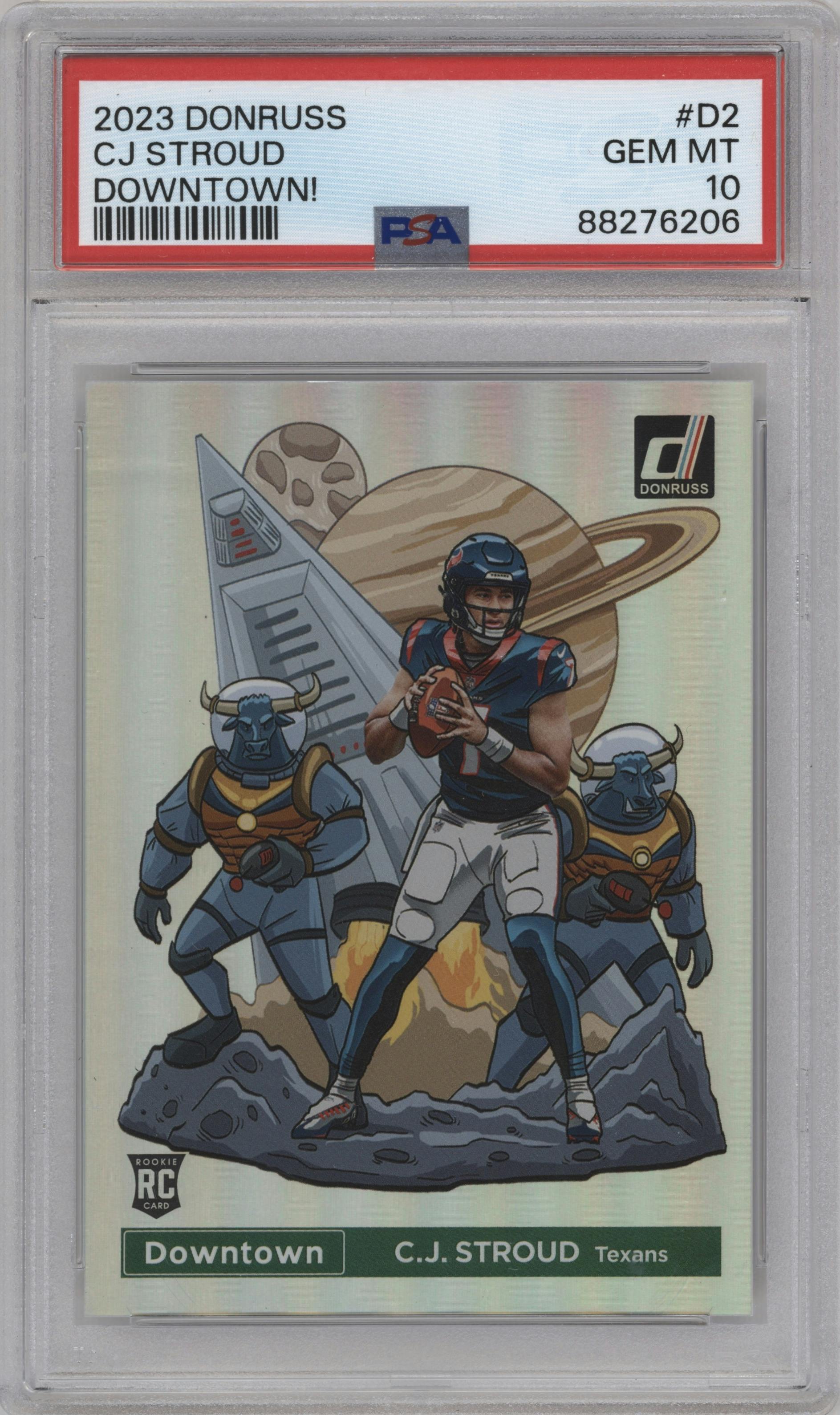 C.J. Stroud from the 2023 Panini Donruss set graded by PSA and given an overall grade of 10.
