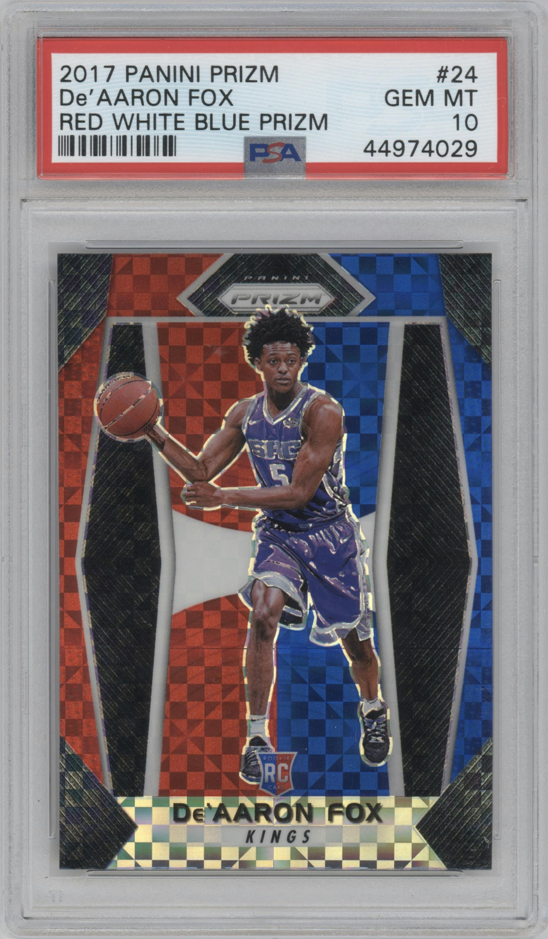 De'Aaron Fox from the 2017-18 Panini Prizm  set featuring a Red/White/Blue Prizm parallel graded by PSA and given an overall grade of 10.
