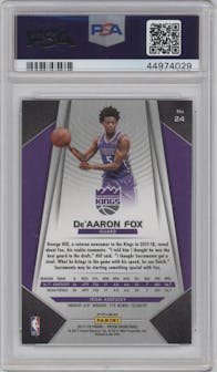 De'Aaron Fox from the 2017-18 Panini Prizm  set featuring a Red/White/Blue Prizm parallel graded by PSA and given an overall grade of 10.
