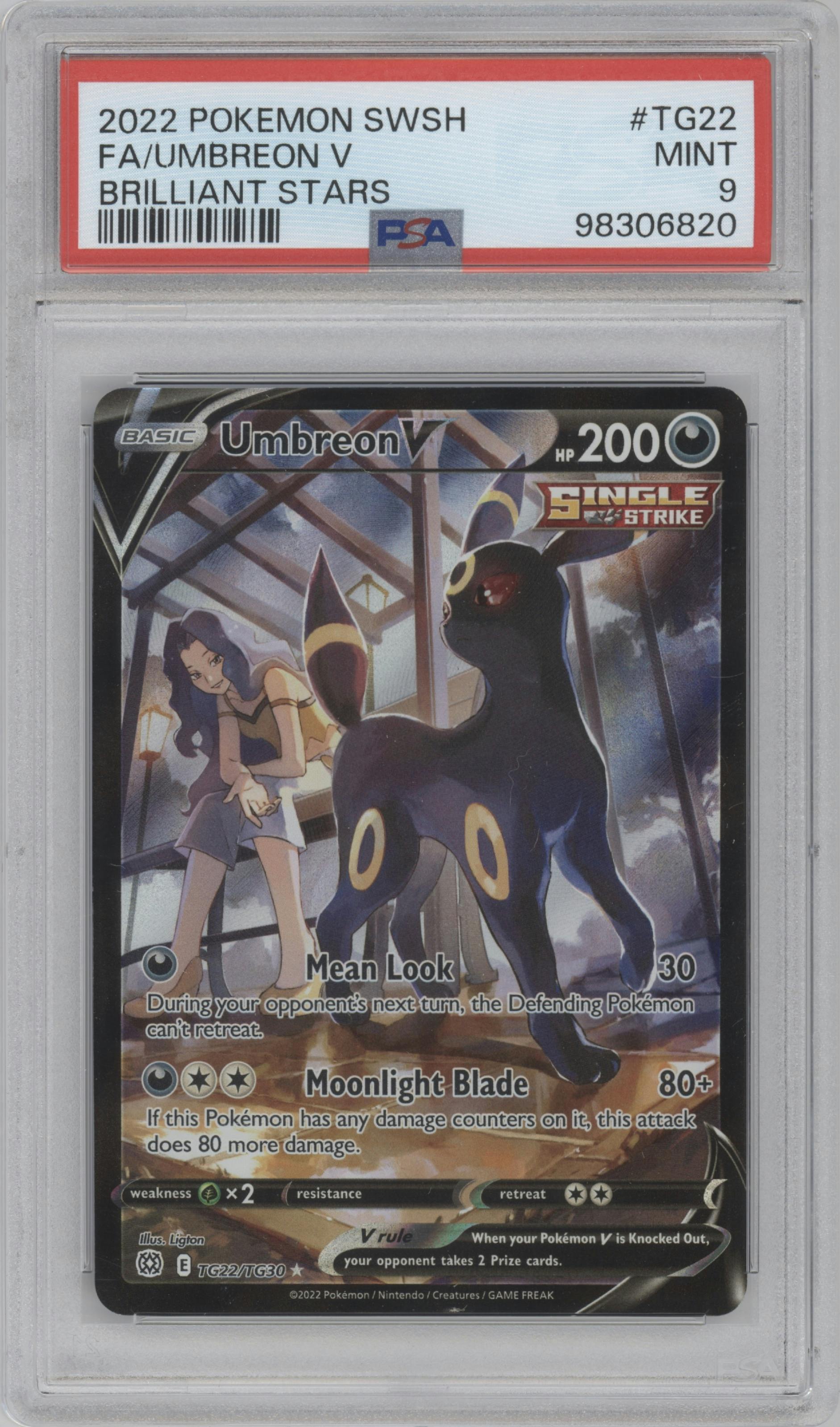 Umbreon V from the 2022 Pokemon SWSH set graded by PSA and given an overall grade of 9.