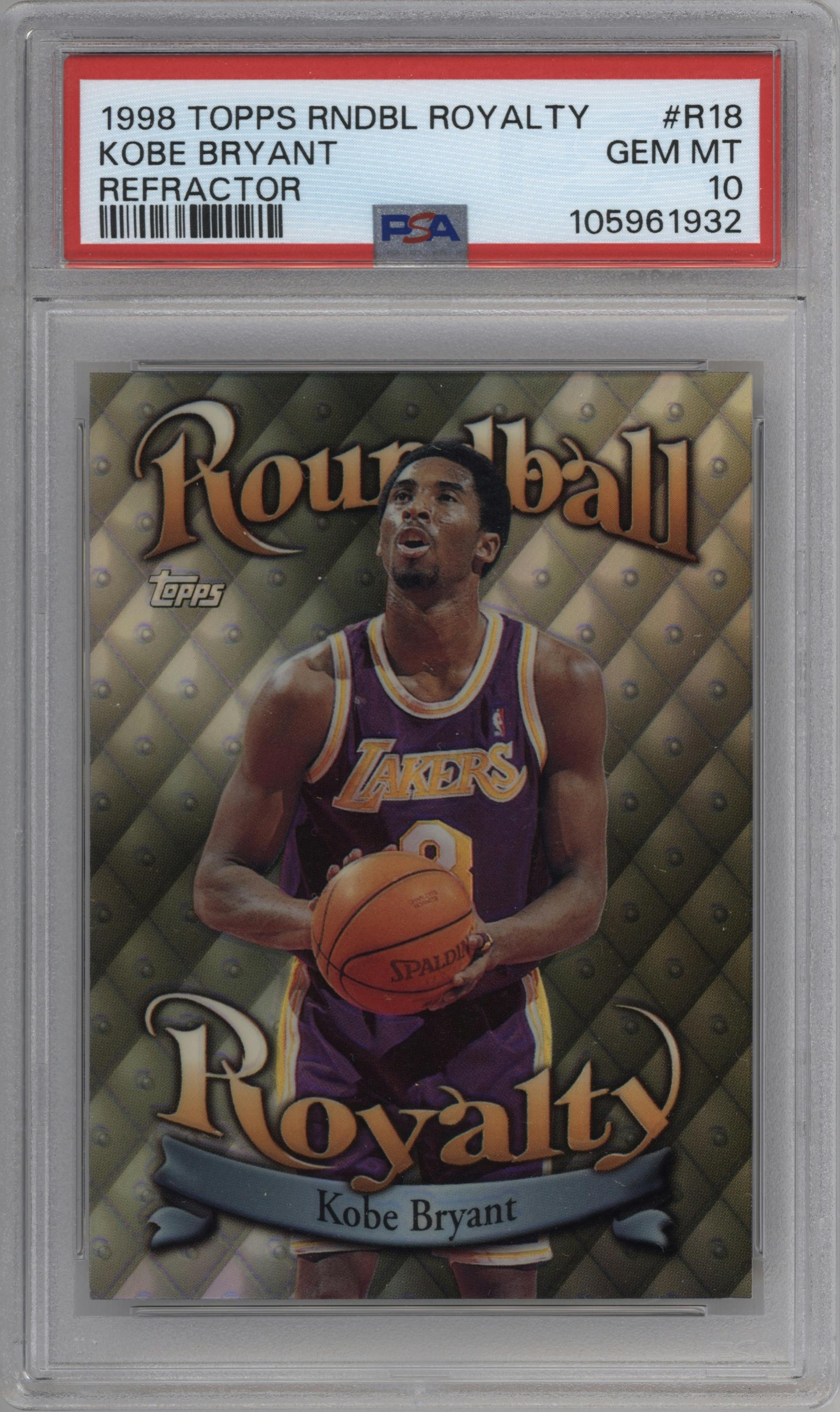 Kobe Bryant from the 1998-99 Topps set featuring a Refractor parallel graded by PSA and given an overall grade of 10.