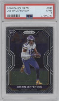 Justin Jefferson from the 2020 Panini Prizm set graded by PSA and given an overall grade of 9.