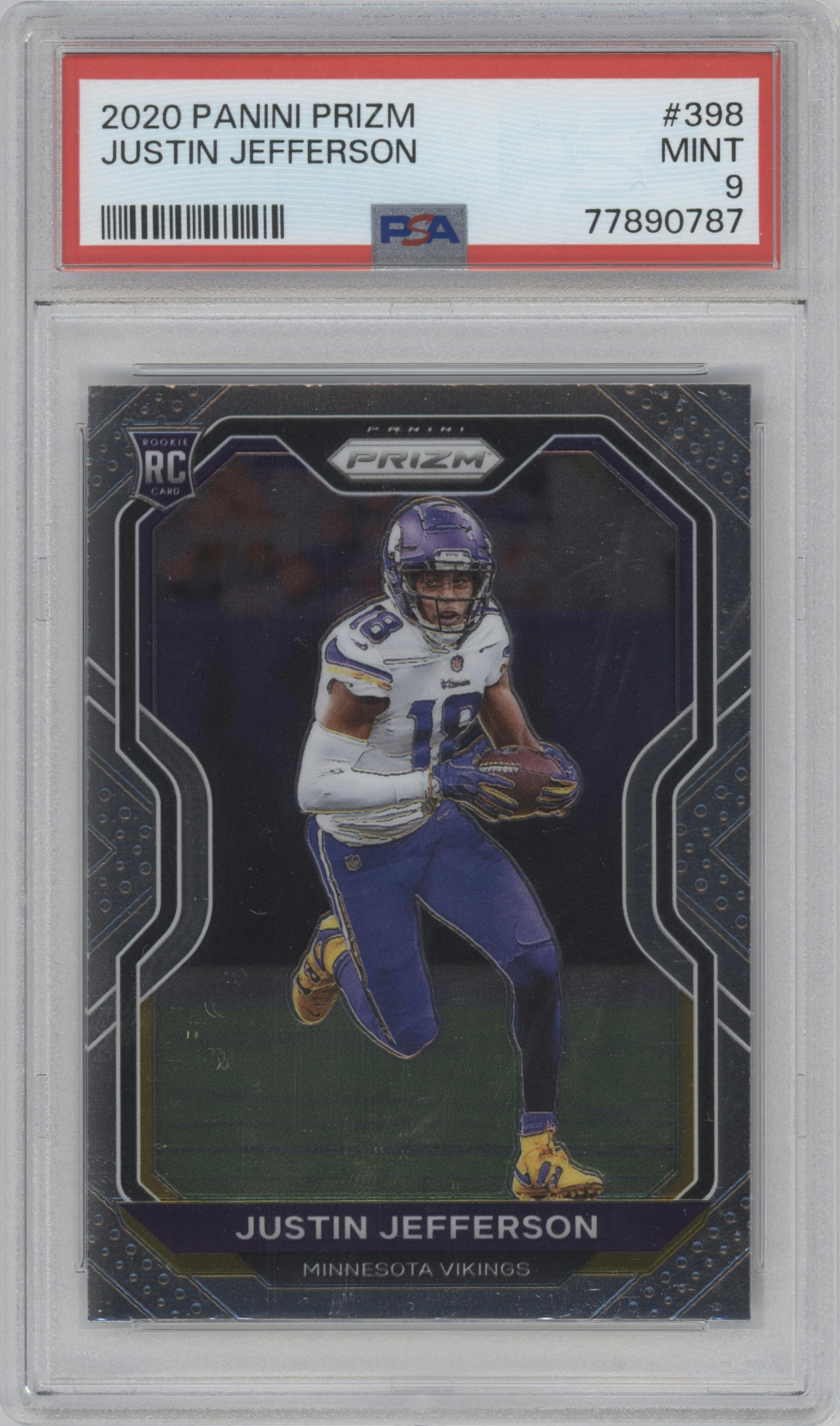 Justin Jefferson from the 2020 Panini Prizm set graded by PSA and given an overall grade of 9.