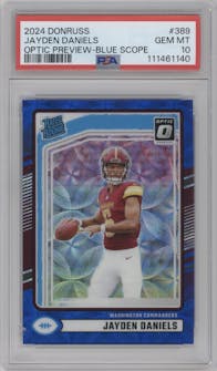 Jayden Daniels from the 2024 Donruss set featuring a Blue Scope parallel graded by PSA and given an overall grade of 10.