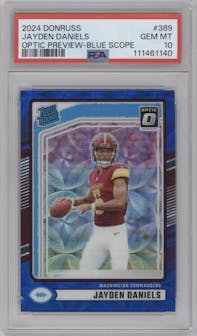 Jayden Daniels from the 2024 Donruss set featuring a Blue Scope parallel graded by PSA and given an overall grade of 10.