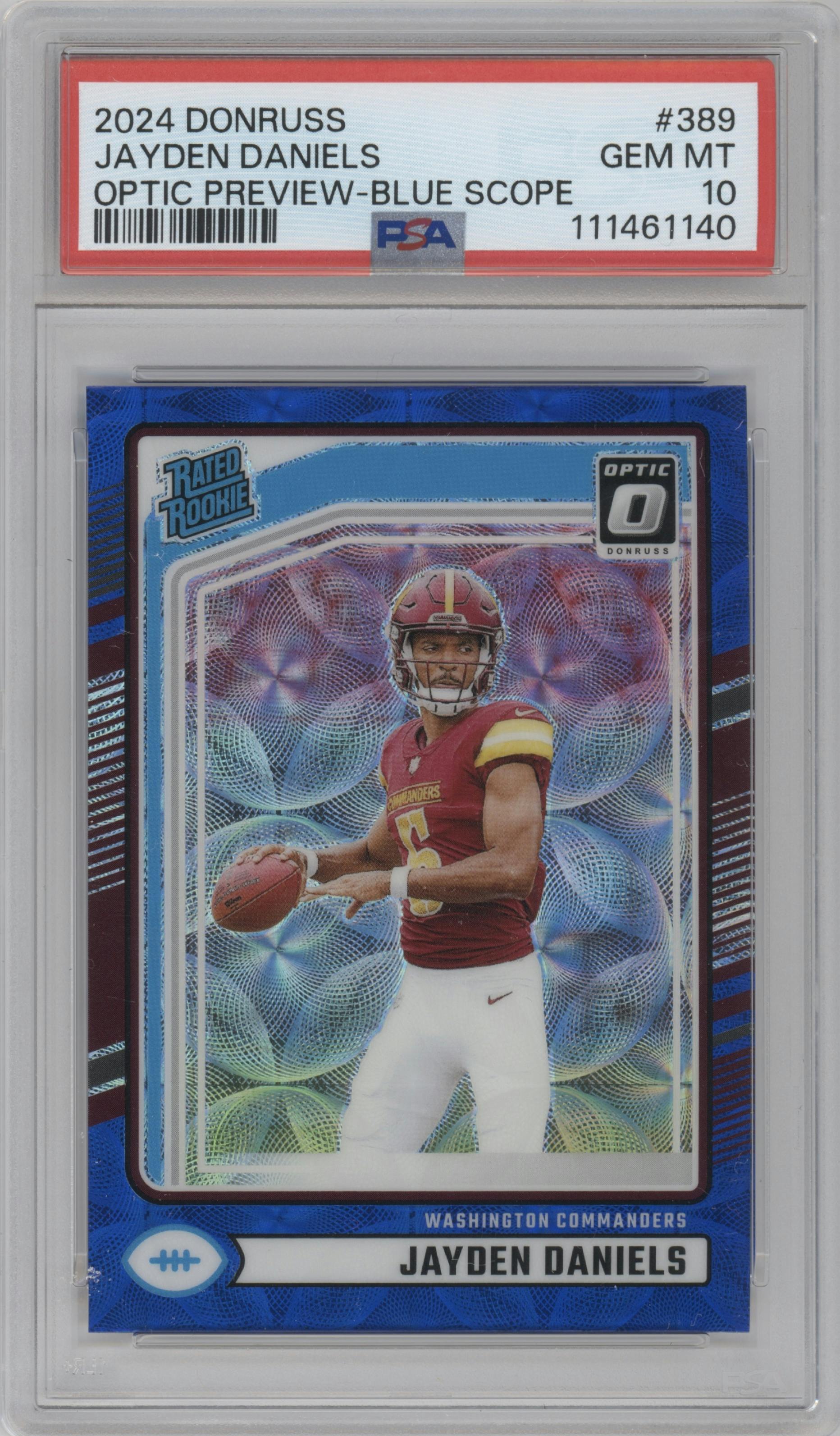 Jayden Daniels from the 2024 Donruss set featuring a Blue Scope parallel graded by PSA and given an overall grade of 10.