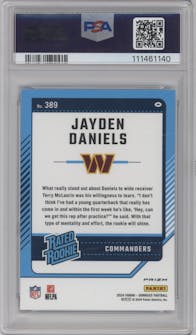 Jayden Daniels from the 2024 Donruss set featuring a Blue Scope parallel graded by PSA and given an overall grade of 10.