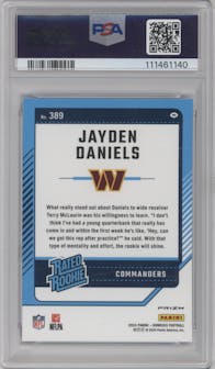 Jayden Daniels from the 2024 Donruss set featuring a Blue Scope parallel graded by PSA and given an overall grade of 10.
