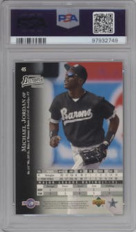 Michael Jordan from the 1995 Upper Deck Minor League set featuring a Future Stock parallel graded by PSA and given an overall grade of 7.