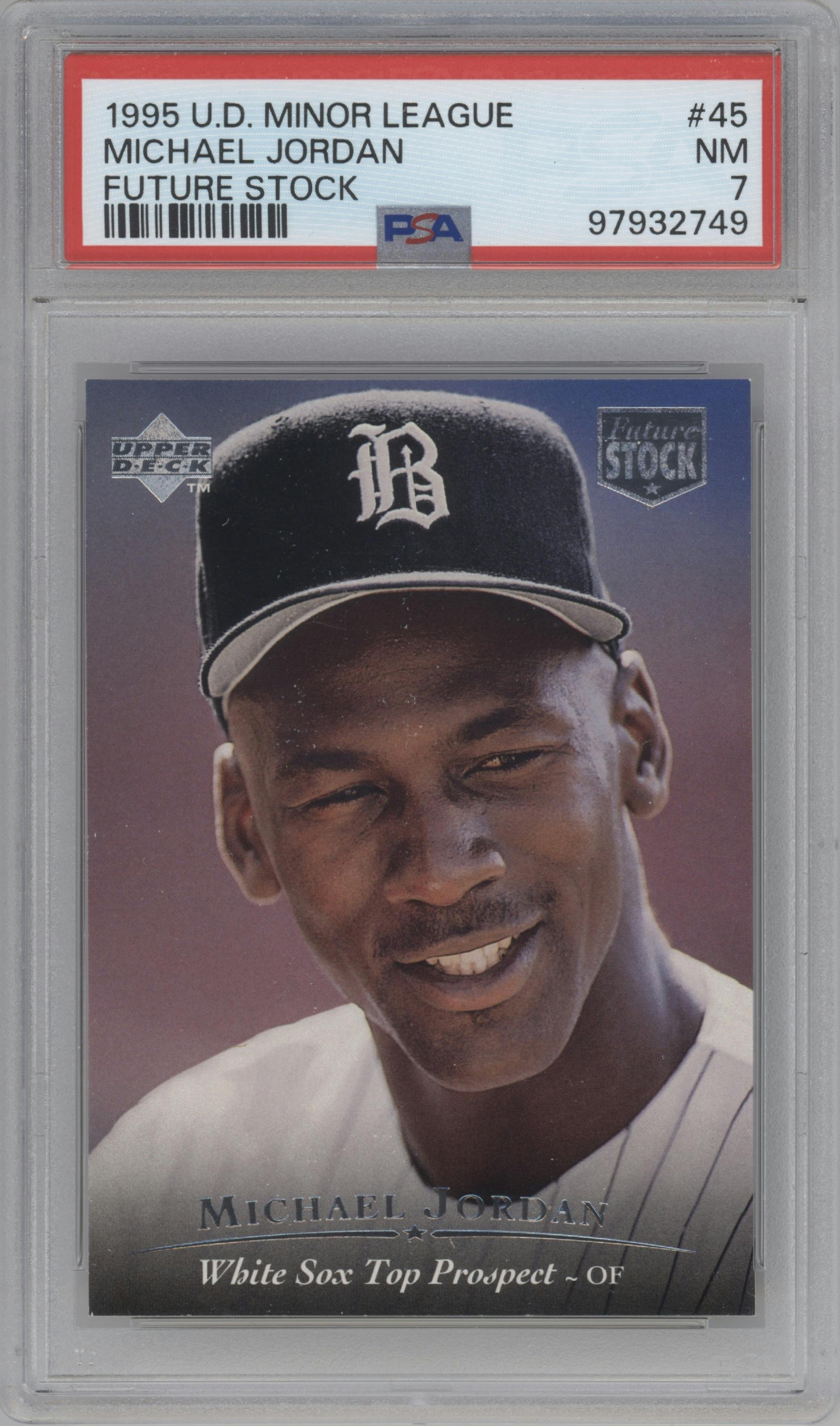 Michael Jordan from the 1995 Upper Deck Minor League set featuring a Future Stock parallel graded by PSA and given an overall grade of 7.